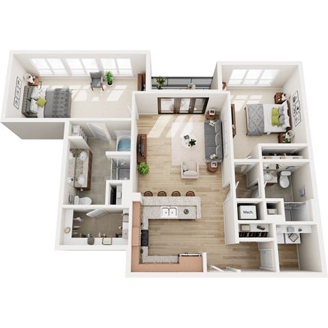 Floor plan for 2 beds, 2 baths, 1271 sqft